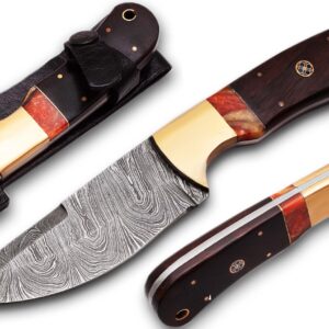 Custom handmade Damascus steel Hunting Skinner knife, camping knife, Survival knife, Full tang knife, With Rose Wood