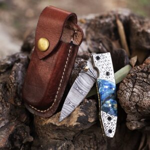 Custom Handmade Damascus Steel Pocket Folding Knife Razor Sharp With leather sheath wedding gift, gift for him