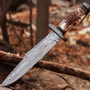 Custom handmade Damascus steel Hunting Bowie Knife, Camping knife, Outdoor knife, Survival knife, Razor Sharp, With Antler Handle