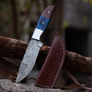 Custom handmade Damascus steel Hunting Skinner knife, Camping knife, Outdoor knife, Full tang knife, With leather sheath