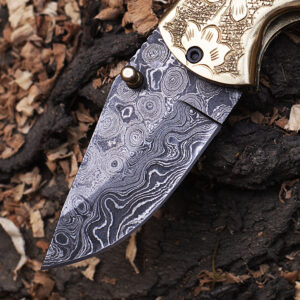 6.5″ Back Lock Handmade Damascus Steel Pocket Knife Blue Handle Folding Knife Birthday Wedding Anniversary Personalized Gift for Boyfriend