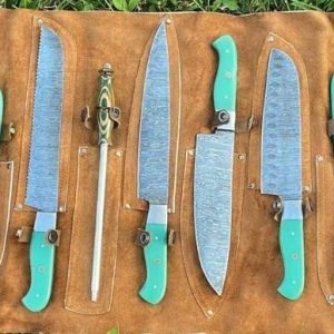 Custom Handmade Damascus steel blade kitchen and BBq set with outdoor leather sheath
